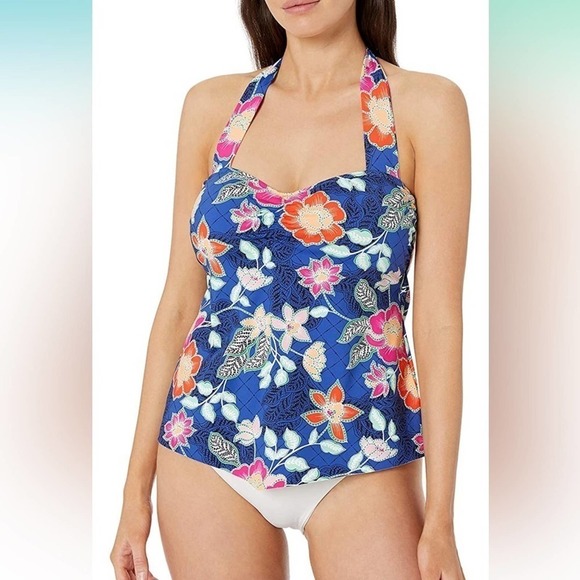 24th & Ocean  Swimsuit Sz L Floral Blue Halter Tie Neck Tankini Built in Bra - Picture 1 of 14